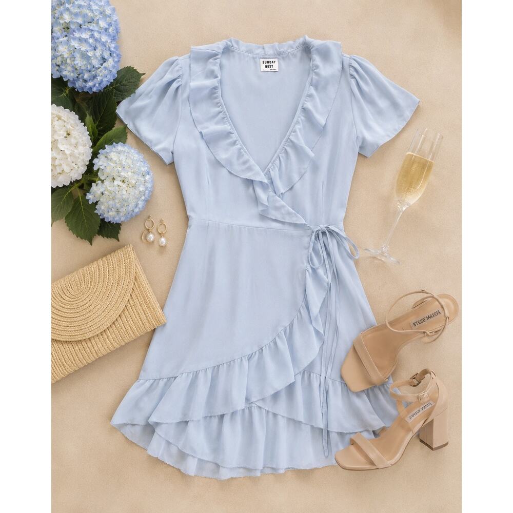 Aritzia Sunday Best Blue Ruffle Wrap Mini Dress Bridal Shower Wedding Guest Sz 2